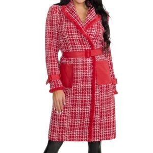 B. Coature Tweed Long Sleeve Red Blazer with Faux Leather & Faux Fur Trim